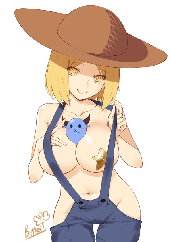 al_bhed_eyes alternate_breast_size artist_name babe_(fate) between_breasts blonde_hair blush breast_suppress breasts butter-t collarbone fate/grand_order fate_(series) hat large_breasts looking_at_viewer naked_overalls navel overalls overalls_pull pasties paul_bunyan_(fate/grand_order) pulling short_hair simple_background smile solo sparkle star_pasties white_background