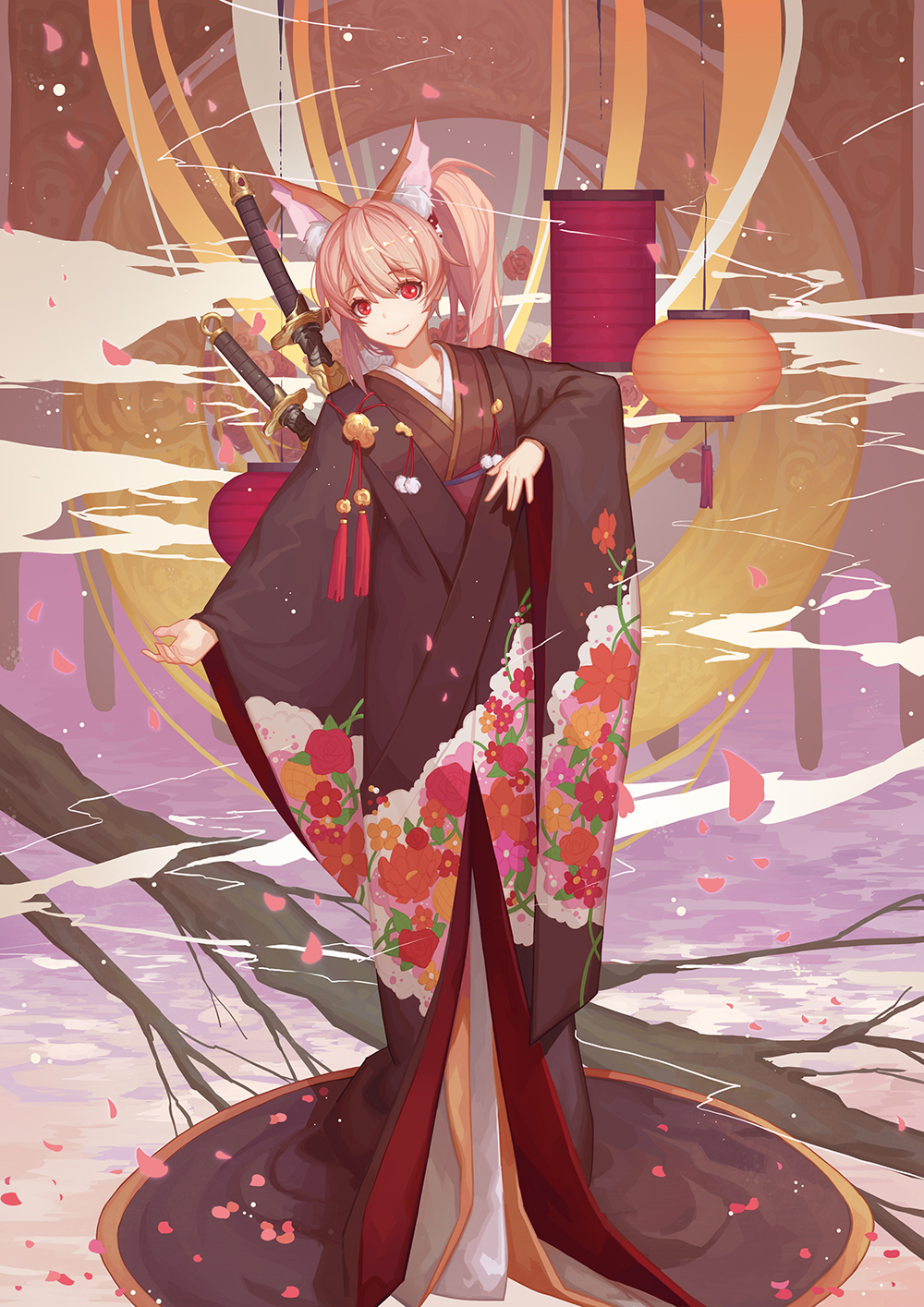 animal_ears bangs eyebrows_visible_through_hair floral_print fox_ears full_body highres hiki_furisode japanese_clothes katana kimono lantern long_hair looking_at_viewer original outstretched_arm paper_lantern petals pink_hair pom_pom_(clothes) red_eyes side_ponytail smile solo standing sword tree weapon youxuemingdie