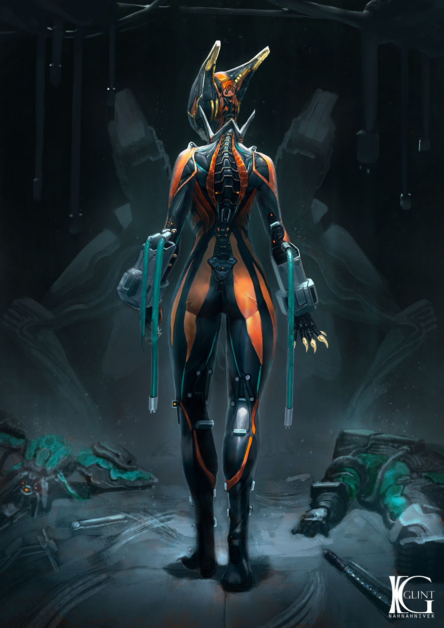 armor arms_at_sides ass bodysuit claws corpse from_behind full_body highres indoors kevin_glint looking_down solo standing valkyr_(warframe) warframe wrist_cuffs