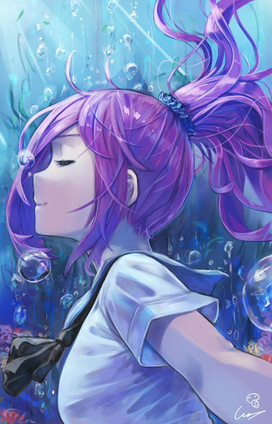 air_bubble black_gloves blue_scrunchie bubble from_side gloves huai_diao_me long_hair original ponytail purple_hair school_uniform scrunchie serafuku smile solo submerged underwater water wet.elephant