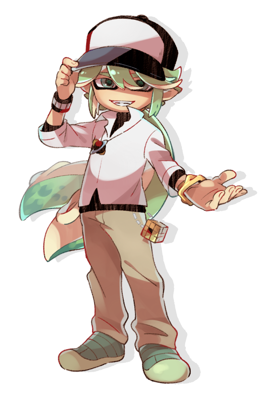 adjusting_clothes adjusting_hat baseball_cap black_hat bracelet brown_pants company_connection domino_mask full_body fusion green_eyes green_footwear green_hair grin hat inkling jewelry long_hair long_sleeves looking_at_viewer male_focus mask n_(pokemon) pants pointy_ears pokemon ponytail sharp_teeth shirt shoes simple_background smile solo splatoon_(series) standing teeth tentacle_hair wahootarou white_background white_shirt