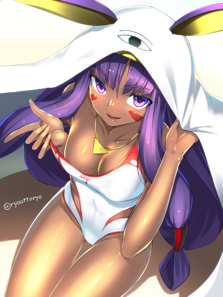 :d bare_shoulders blush breasts cleavage commentary_request competition_swimsuit cosplay dark_skin eyebrows_visible_through_hair facepaint fate/grand_order fate_(series) jewelry large_breasts long_hair looking_at_viewer looking_up medjed medjed_(cosplay) necklace nitocris_(fate/grand_order) nitocris_(swimsuit_assassin)_(fate) off_shoulder older one-piece_swimsuit open_mouth pulled_by_self purple_eyes purple_hair ryou@ryou sitting smile solo strap_pull swimsuit thigh_gap thighs twitter_username under_covers very_long_hair white_swimsuit