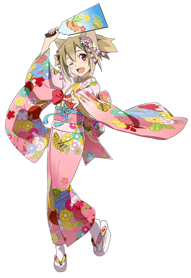 animal_ears arm_up blush bow brown_hair cat_ears floral_print flower full_body furisode hair_between_eyes hair_flower hair_ornament holding japanese_clothes kimono long_sleeves looking_at_viewer obi official_art one_eye_closed outstretched_arm outstretched_hand paddle pink_kimono platform_footwear red_bow red_eyes round_teeth sandals sash short_hair silica silica_(sao-alo) solo sword_art_online tabi teeth wide_sleeves