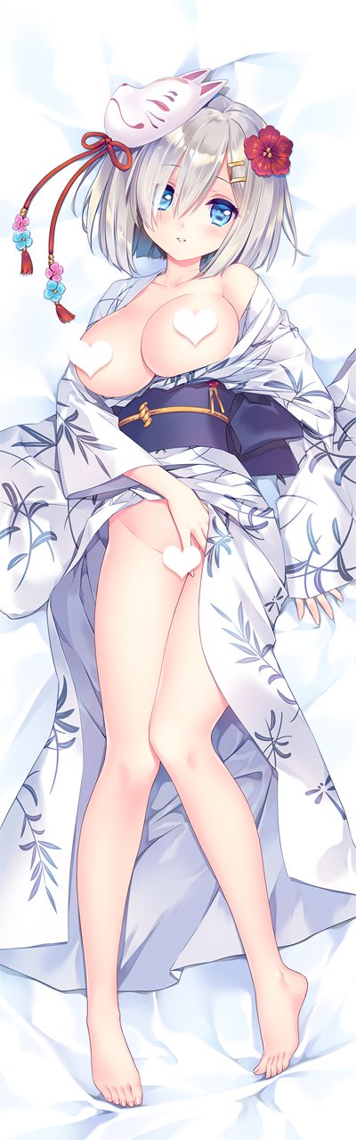 barefoot blue_eyes blush breasts breasts_outside carnelian censored collarbone dakimakura eyebrows_visible_through_hair feet floral_print flower fox_mask full_body hair_between_eyes hair_flower hair_ornament hair_over_one_eye hairclip hamakaze_(kantai_collection) hand_on_own_stomach heart heart_censor highres japanese_clothes kantai_collection kimono large_breasts legs looking_at_viewer mask obi open_clothes open_kimono parted_lips purple_sash sash short_hair silver_hair solo white_kimono wide_sleeves