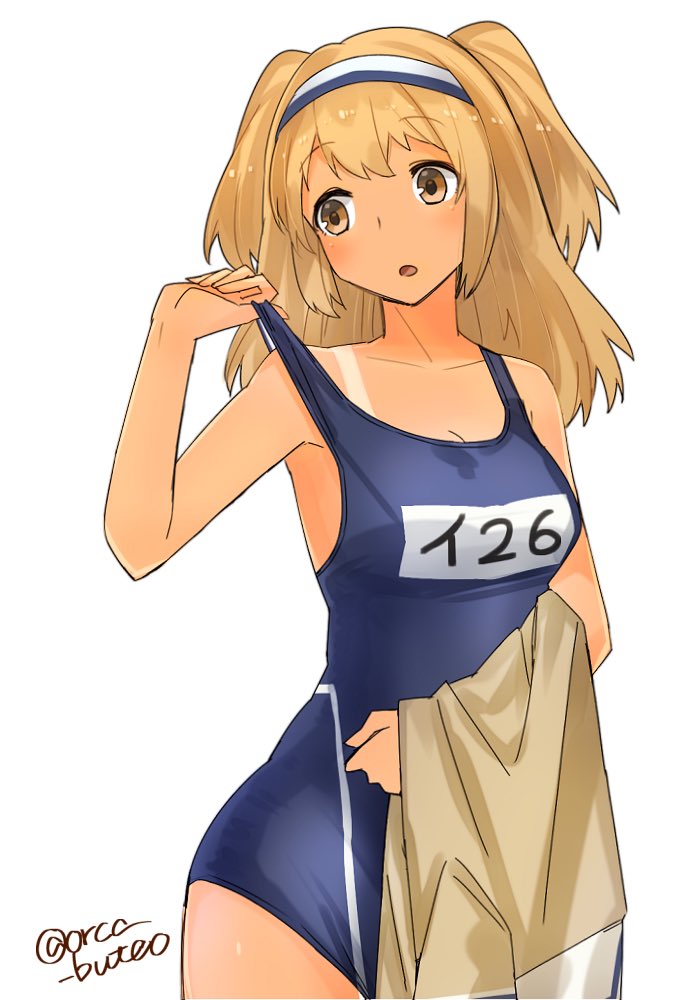 :o breasts cleavage collarbone hairband i-26_(kantai_collection) jacket jacket_removed kantai_collection light_brown_eyes light_brown_hair long_hair looking_to_the_side medium_breasts name_tag new_school_swimsuit one-piece_swimsuit open_mouth school_swimsuit solo strap_pull swimsuit swimsuit_tan tan tanline two-tone_hairband two_side_up white_background yamashiki_(orca_buteo)