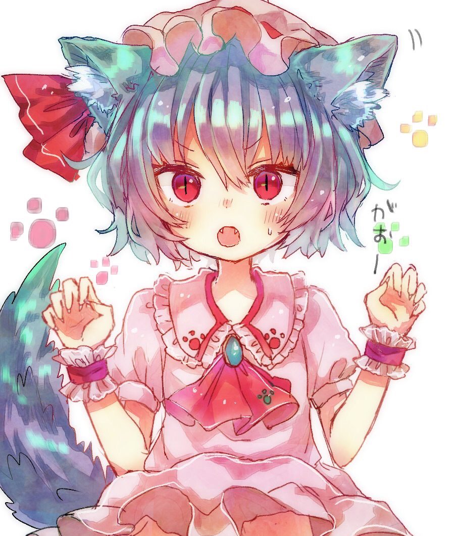 :o animal_ears ascot blue_hair blush brooch dog_ears dog_tail fangs hat hat_ribbon jewelry kemonomimi_mode looking_at_viewer mob_cap open_mouth peipei red_eyes red_ribbon remilia_scarlet ribbon short_hair simple_background slit_pupils solo tail touhou upper_body v-shaped_eyebrows white_background wrist_cuffs