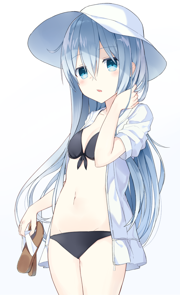 bikini black_bikini blue_eyes flat_chest gradient gradient_background hat hibiki_(kantai_collection) highres kantai_collection long_hair navel open_mouth sandals_removed shikuro_(iorimiyakiyo) silver_hair solo swimsuit swimsuit_under_clothes