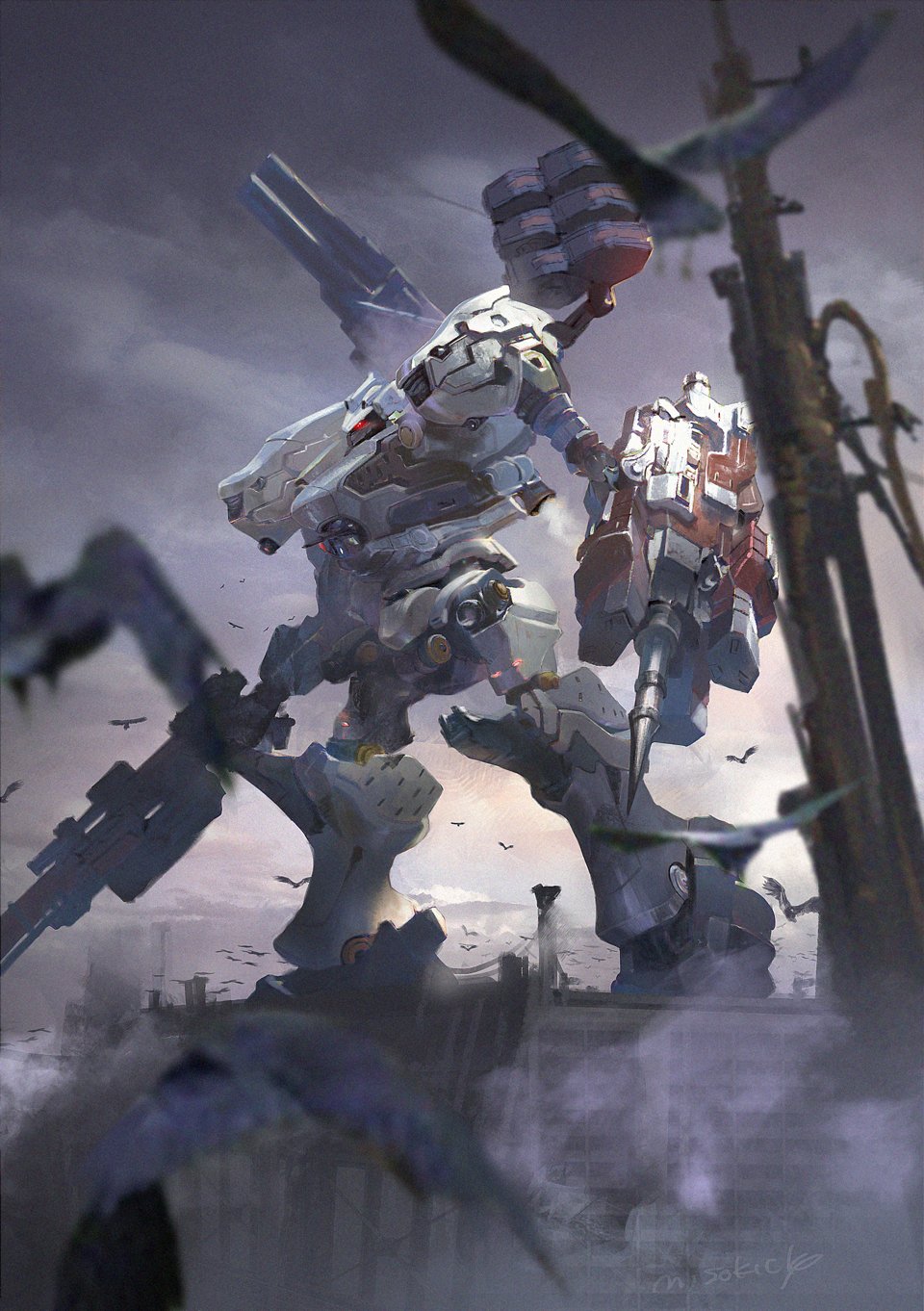 animal armored_core armored_core_6 assault_rifle bird grey_sky gun highres holding holding_gun holding_weapon mecha mecha_focus miso_katsu missile_pod nightfall_(armored_core_6) no_humans outdoors pile_bunker red_eyes rifle robot science_fiction shoulder_cannon sky standing weapon
