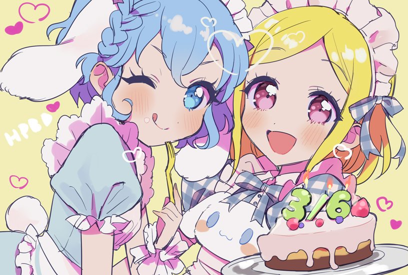 2girls :d birthday_cake blonde_hair blue_dress blue_eyes blue_hair blush cake character_print cinnamoroll commentary_request dorothy_west dress food gift_art happy_birthday heart holding holding_plate looking_at_viewer midorikaze_fuwari multiple_girls one_eye_closed open_mouth oshiri_(o4ritarou) plate pretty_series pripara puffy_short_sleeves puffy_sleeves rabbit_tail sanrio short_hair short_sleeves smile tail tongue tongue_out yellow_background
