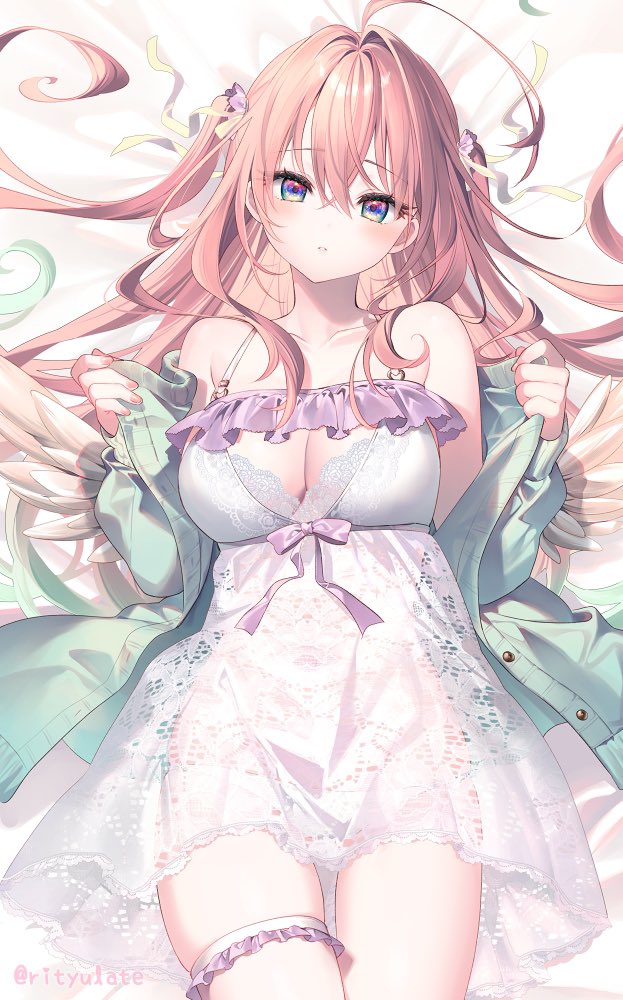 1girl ahoge angel_wings bare_shoulders breasts cleavage collarbone crossed_bangs dress frilled_thighhighs frills green_jacket hair_between_eyes jacket large_breasts looking_at_viewer multicolored_eyes open_clothes open_jacket original parted_lips pink_hair pink_nails rianastia_flugel riichu sidelocks single_thighhigh sleeveless sleeveless_dress solo thighhighs twitter_username white_dress white_thighhighs white_wings wings