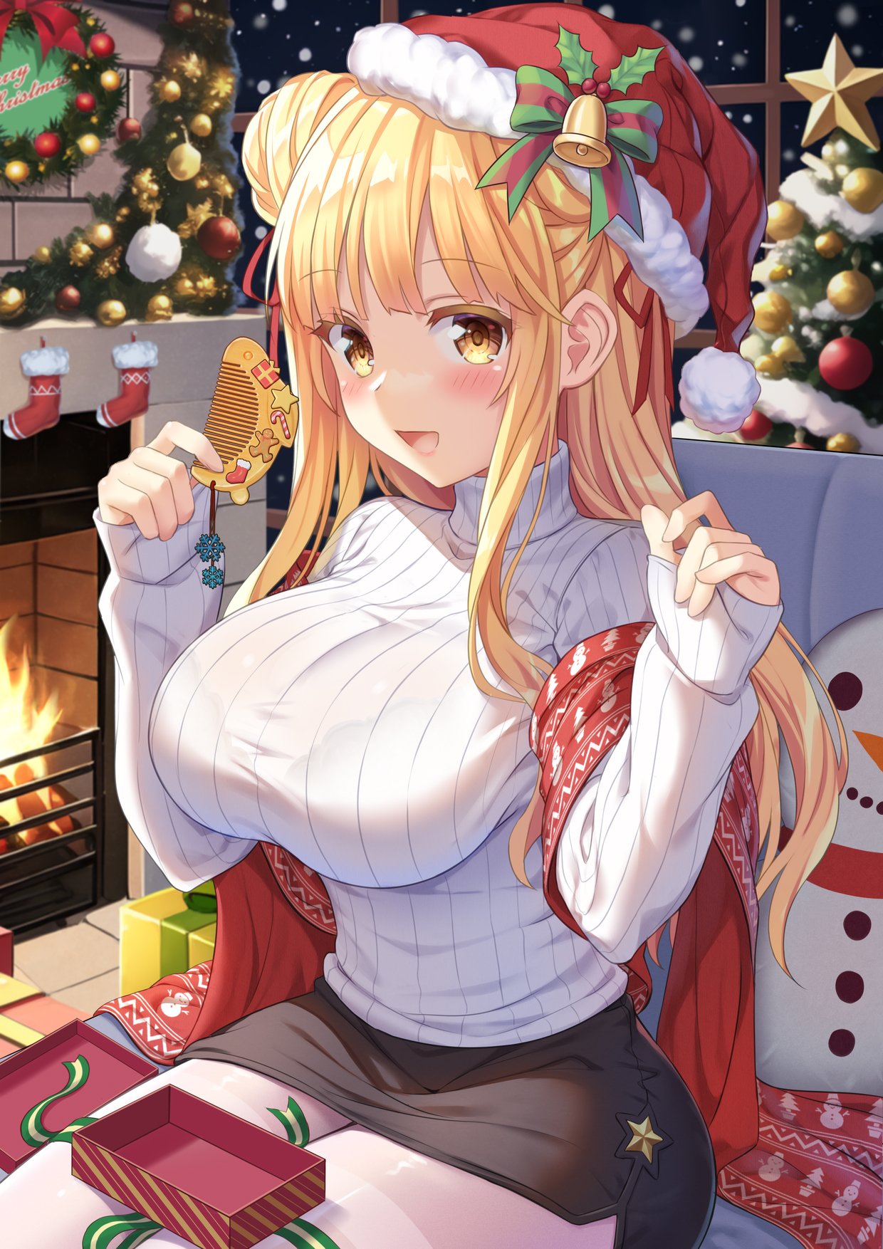 1girl alternate_breast_size bell black_skirt blonde_hair blush box bra_visible_through_clothes breasts christmas christmas_ornaments christmas_star christmas_tree comb date_a_live fireplace gift gift_box hair_bun happy hat highres hoshimiya_mukuro huge_breasts indoors large_breasts long_hair long_sleeves looking_at_viewer merry_christmas open_mouth red_headwear red_scarf red_socks ribbed_sweater santa_hat scarf sitting skirt smile snowman socks solo star_(symbol) sweater thighhighs tsubasaki turtleneck turtleneck_sweater white_sweater white_thighhighs yellow_eyes