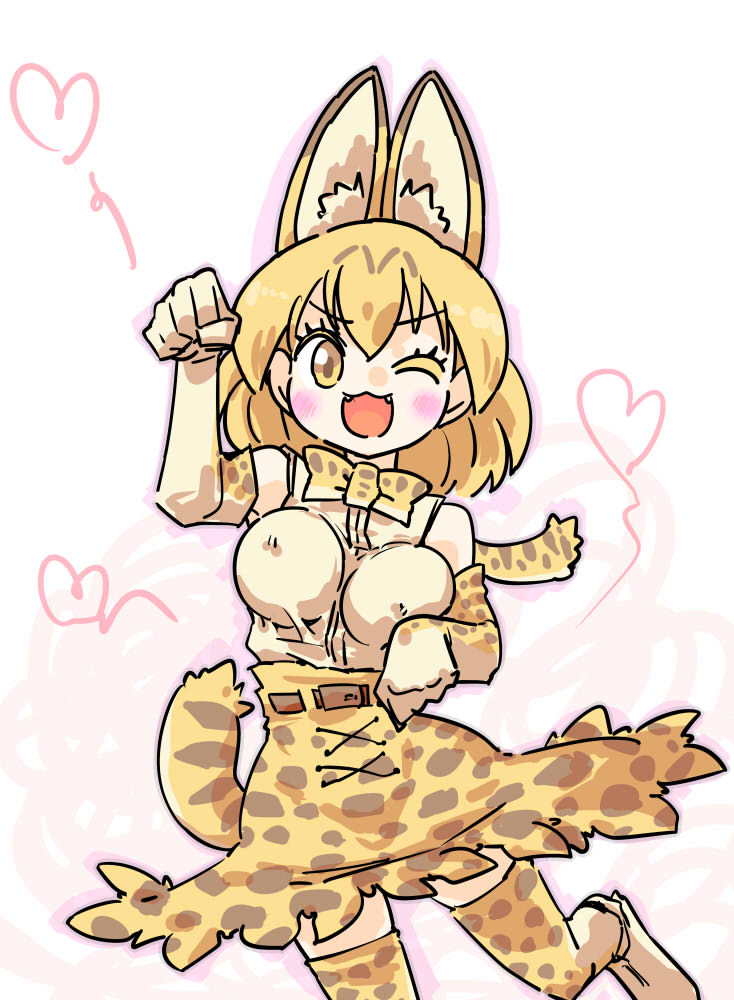 ;d animal_ears blush bow bowtie breasts covered_nipples cross-laced_clothes elbow_gloves eyebrows_visible_through_hair fangs gloves heart high-waist_skirt kemono_friends large_breasts one_eye_closed open_mouth paw_pose seki_(red_shine) serval_(kemono_friends) serval_ears serval_print serval_tail shirt simple_background skirt sleeveless sleeveless_shirt smile solo striped_tail tail white_background