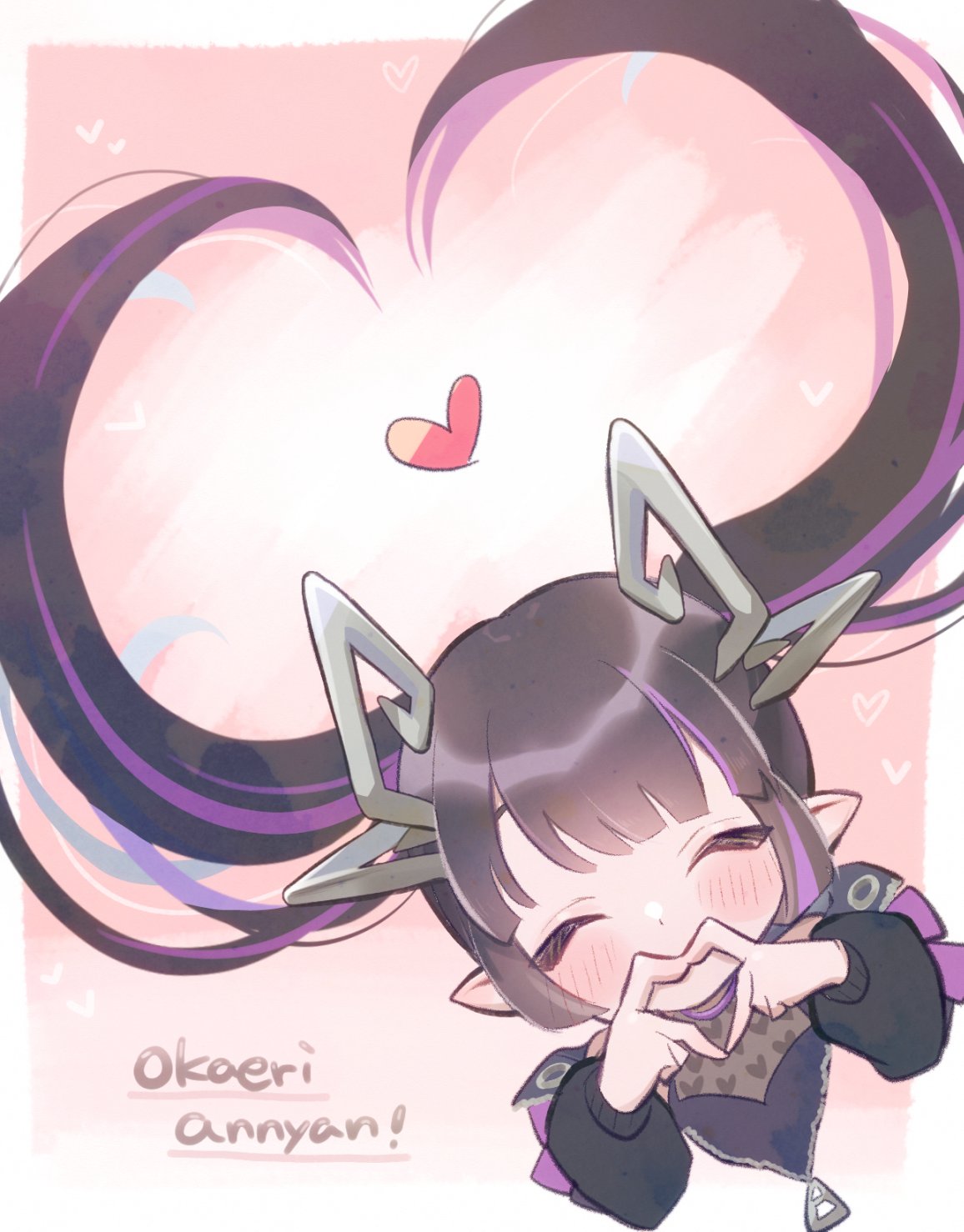 1girl black_hair black_shirt blunt_bangs blush closed_eyes commentary_request demon_horns grey_horns heart heart_hair heart_hands heart_print highres horns kojo_anna kuzuhana long_hair medium_bangs multicolored_hair nanashi_inc. pointy_ears print_shirt purple_hair romaji_text shirt solo twintails two-tone_hair upper_body virtual_youtuber