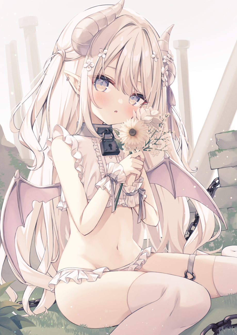 1girl :o bare_shoulders bikini bikini_bottom_only blush center_frills chain commentary_request crop_top flower frilled_bikini frills grey_eyes hair_between_eyes hair_flower hair_intakes hair_ornament highres holding holding_flower horns hoshi_(snacherubi) lock long_hair looking_at_viewer navel original padlock parted_lips pointy_ears shirt sitting sleeveless sleeveless_shirt solo swimsuit thighhighs torn_wings two_side_up very_long_hair wariza white_bikini white_flower white_hair white_shirt white_thighhighs wings wrist_cuffs