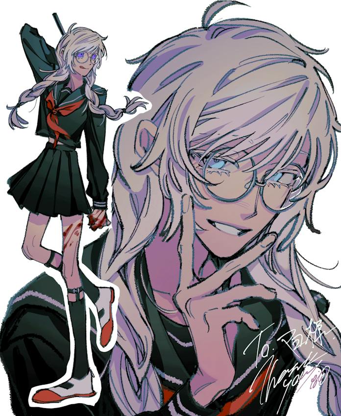 1boy :q arm_up black_sailor_collar black_serafuku black_shirt black_skirt black_socks blood blood_on_hands blood_on_leg blue_eyes braid commentary_request commission fingernails glasses grey-framed_eyewear grey_hair grin half-closed_eyes hand_up holding holding_weapon jpeg_artifacts kneehighs legwear_garter long_hair long_sleeves looking_at_viewer looking_to_the_side male_focus multiple_views naotin3333 neckerchief original otoko_no_ko pleated_skirt purple_eyes red_neckerchief round_eyewear sailor_collar school_uniform serafuku shirt signature simple_background skeb_commission skirt smile socks thank_you tongue tongue_out twin_braids twintails v weapon white_background