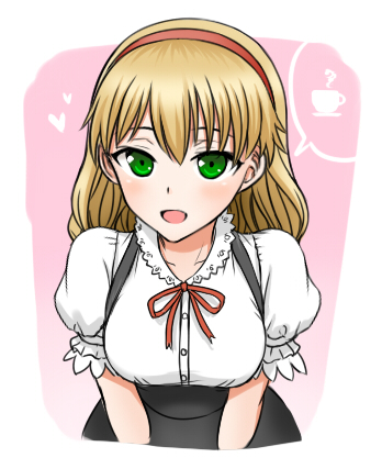 :d amy_march_(ourai_no_gahkthun) blonde_hair blush coffee_mug cup green_eyes hairband heart leaning_forward looking_at_viewer lowres mug open_mouth ourai_no_gahkthun puffy_short_sleeves puffy_sleeves ribbon short_sleeves smile solo steampunk_(liarsoft) tanaka_gorbachev