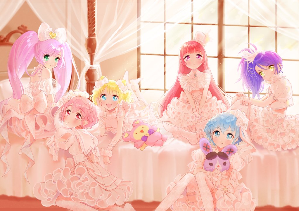 1boy 5girls :d adapted_costume ahoge bed bedroom blonde_hair blue_eyes blue_hair blunt_bangs blush bow braid brother_and_sister commentary_request crossdressing curly_hair curtains detached_collar dorothy_west dress frilled_dress frills green_eyes group_picture hair_between_eyes hair_bow hat hojo_sophy holding holding_stuffed_toy indoors knees_up kuma_(pripara) long_hair looking_at_viewer manaka_laala minami_mirei mini_hat mini_top_hat mole mole_under_eye multiple_girls on_bed on_floor open_mouth oshiri_(o4ritarou) otoko_no_ko pink_eyes pink_hair pretty_series pripara purple_hair red_hair reona_west short_hair siblings side_braid side_ponytail sitting smile stuffed_animal stuffed_rabbit stuffed_toy teddy_bear top_hat toudou_shion twins twintails usagi_(pripara) very_long_hair wedding_dress white_bow white_dress window yellow_eyes