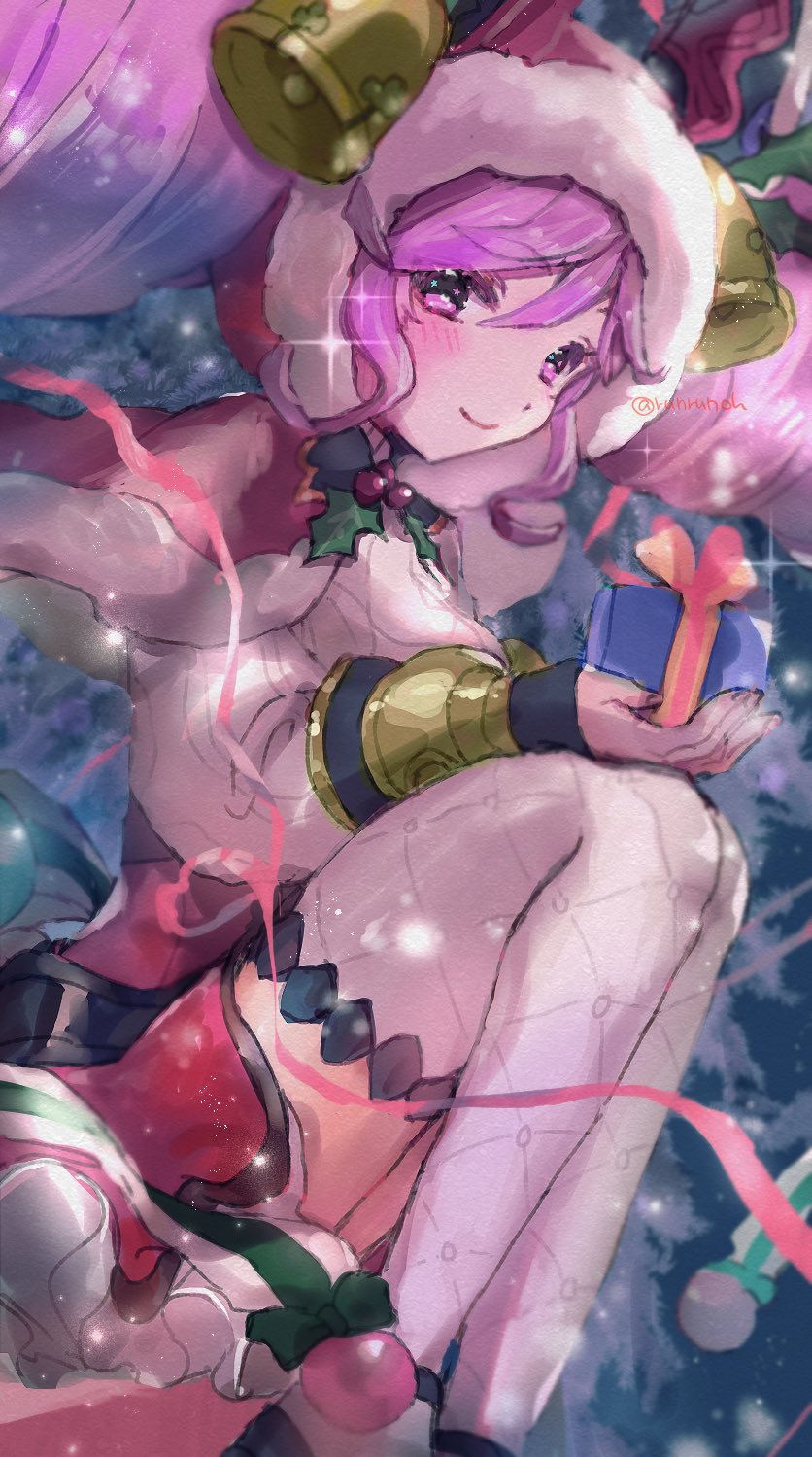 1girl bell box capelet cleo_(dragalia_lost) closed_mouth dragalia_lost dress gift gift_box hair_bell hair_between_eyes hair_ornament highres holding holding_gift hood hood_up long_hair long_sleeves looking_at_viewer official_alternate_costume pink_eyes pink_hair runrunoh sitting smile solo thighhighs twintails twitter_username white_thighhighs