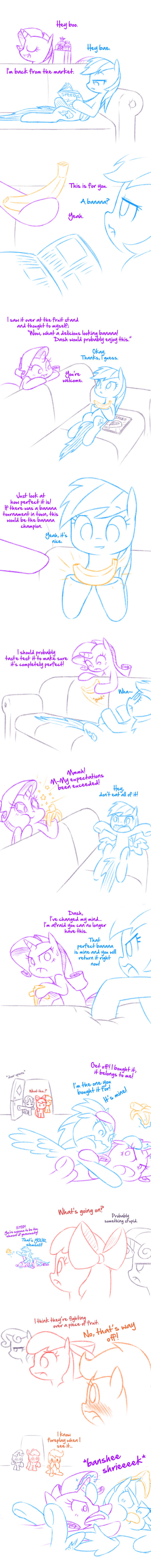 2017 absurd_res apple_bloom_(mlp) banana blush comic dialogue duo eating english_text equine female feral fight food friendship_is_magic fruit hair hi_res horn horse magazine mammal multicolored_hair my_little_pony pegasus pony rainbow_dash_(mlp) raridashdoodles rarity_(mlp) scootaloo_(mlp) simple_background sofa sweetie_belle_(mlp) text unicorn white_background wings