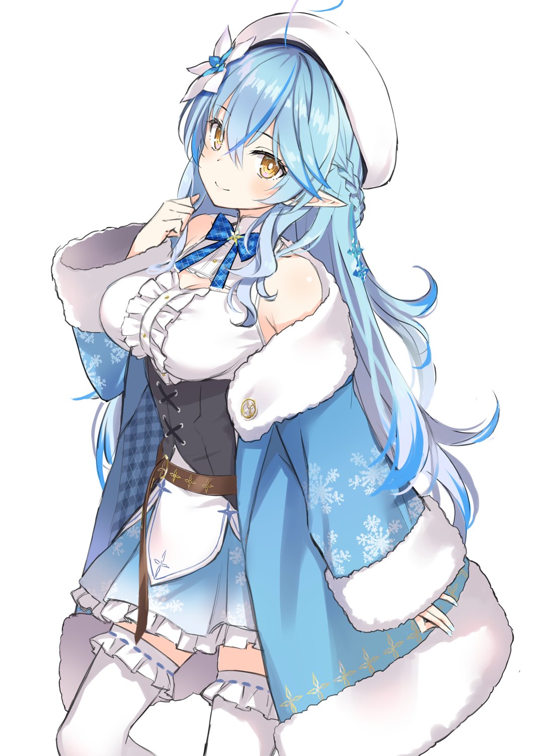 1girl bare_shoulders beret blue_hair blue_jacket breasts closed_mouth elf flower hair_between_eyes hair_flower hair_ornament hat highres hololive jacket long_hair looking_at_viewer medium_breasts multicolored_hair pointy_ears simple_background smile solo standing thighhighs two-tone_hair virtual_youtuber white_background white_flower white_headwear white_thighhighs yellow_eyes yukihana_lamy yukihana_lamy_(1st_costume) yuuki_hagure