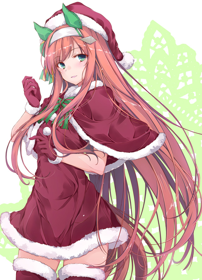 1girl animal_ears blunt_bangs bow bowtie capelet christmas commentary cowboy_shot doily dress ear_covers fur-trimmed_capelet fur-trimmed_dress fur-trimmed_gloves fur-trimmed_thighhighs fur_trim gloves green_bow green_bowtie grey_hairband hairband hat horse_ears horse_girl horse_tail long_hair looking_at_viewer open_mouth orange_hair red_capelet red_dress red_gloves red_headwear red_thighhighs santa_gloves santa_hat short_dress silence_suzuka_(umamusume) smile solo standing tail thighhighs umamusume very_long_hair yumesato_makura