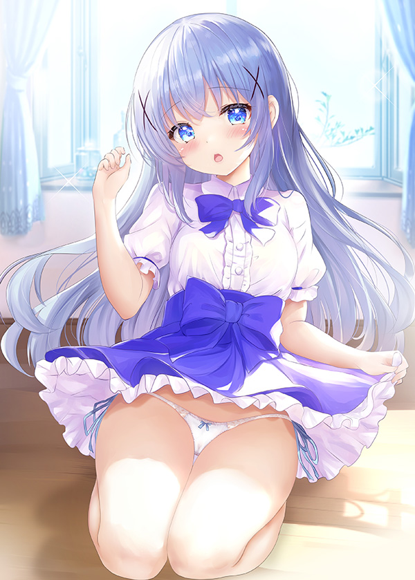 1girl alternate_costume backlighting blue_bow blue_eyes blue_hair blue_skirt blush bow center_frills clothes_lift commentary day eyelashes floating_clothes floating_hair frilled_skirt frills full_body gochuumon_wa_usagi_desu_ka? hair_between_eyes hair_ornament hand_up head_tilt high-waist_skirt indoors kafuu_chino long_hair looking_at_viewer open_mouth panties pantyshot puffy_short_sleeves puffy_sleeves rikatan seiza shirt short_sleeves shy side-tie_panties sidelocks sitting skirt skirt_hold skirt_lift solo thigh_gap thighs underwear very_long_hair white_panties white_shirt wind wind_lift window x_hair_ornament