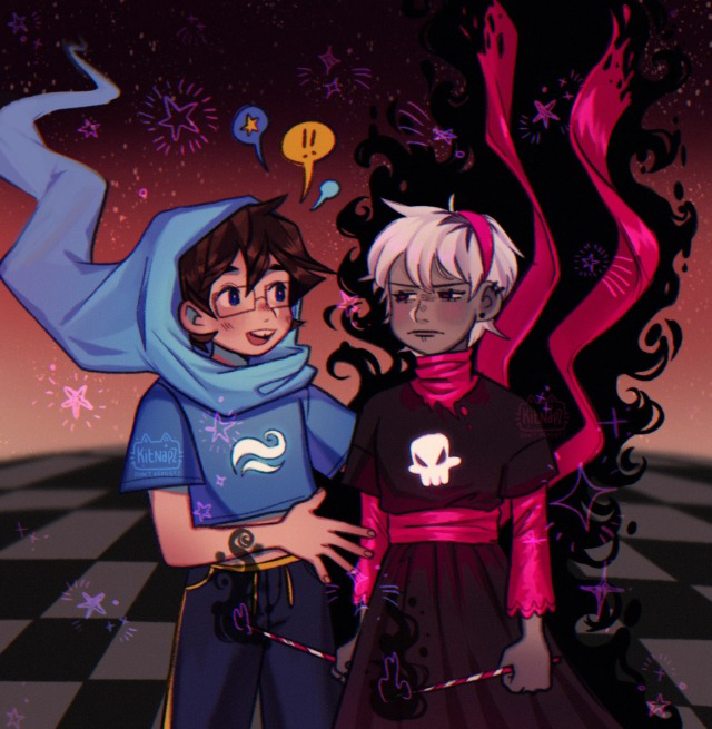 1boy 1girl black_dress black_lips blue_hood buck_teeth dress glasses grimdark grimdarkrose homestuck john_egbert knitting_needle long_scarf needle non-web_source rose_lalonde scarf source_request teeth