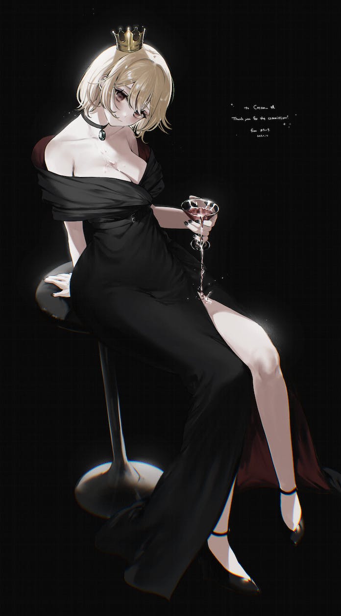 1girl alcohol bar_stool bare_shoulders black_background black_choker black_dress black_footwear black_nails blonde_hair breasts choker chromatic_aberration cleavage closed_mouth collarbone commentary_request commission crown cup dress drink drinking_glass fingernails full_body head_tilt highres holding holding_drink jpeg_artifacts long_dress looking_at_viewer medium_breasts nail_polish off-shoulder_dress off_shoulder on_stool original pendant_choker pink_eyes pouring pouring_onto_self shoes short_hair side_slit simple_background sitting skeb_commission smile solo stool thank_you turning_head youichi_(45_01)