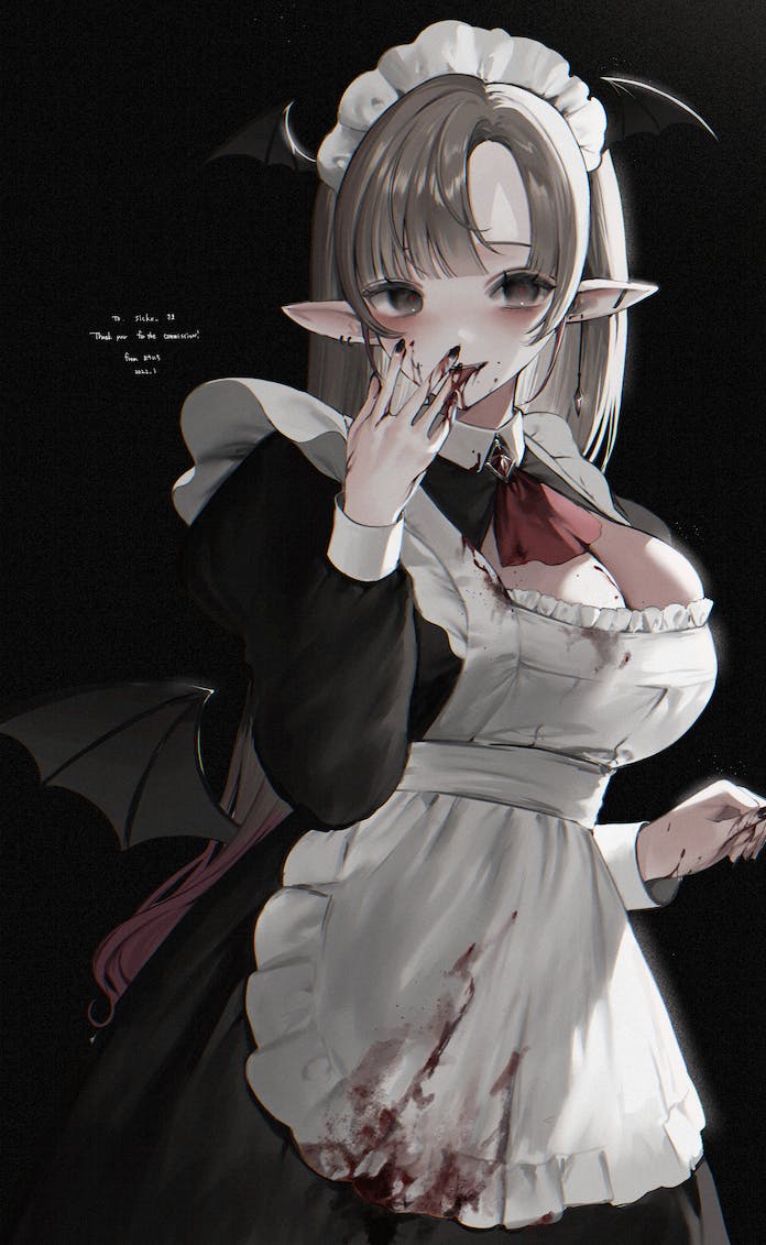 1girl apron ascot bat_wings black_background black_dress black_wings blonde_hair blood blood_on_clothes blood_on_face blood_on_hands blush breasts cleavage cleavage_cutout clothing_cutout collared_dress commentary commission cowboy_shot dress earrings elf english_commentary frilled_apron frills gradient_hair grey_eyes head_wings jewelry jpeg_artifacts large_breasts licking licking_finger long_hair long_sleeves looking_at_viewer maid maid_apron maid_headdress multicolored_hair original pink_hair pointy_ears red_ascot skeb_commission smile solo standing thank_you tongue tongue_out white_apron wings youichi_(45_01)