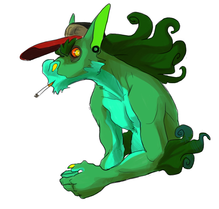 5_fingers airu anthro arm_tuft asian_mythology chin_tuft cigarette cigarette_in_mouth claws ear_piercing east_asian_mythology elbow_tuft eyebrows facial_tuft fingers foo_dog fur green_body green_fur green_hair hair jake_(airu) lighter long_ears long_hair male mammal mythology object_in_mouth piercing pupils red_sclera simple_background smoking solo thick_eyebrows trucker_hat tuft upper_body white_background yellow_pupils