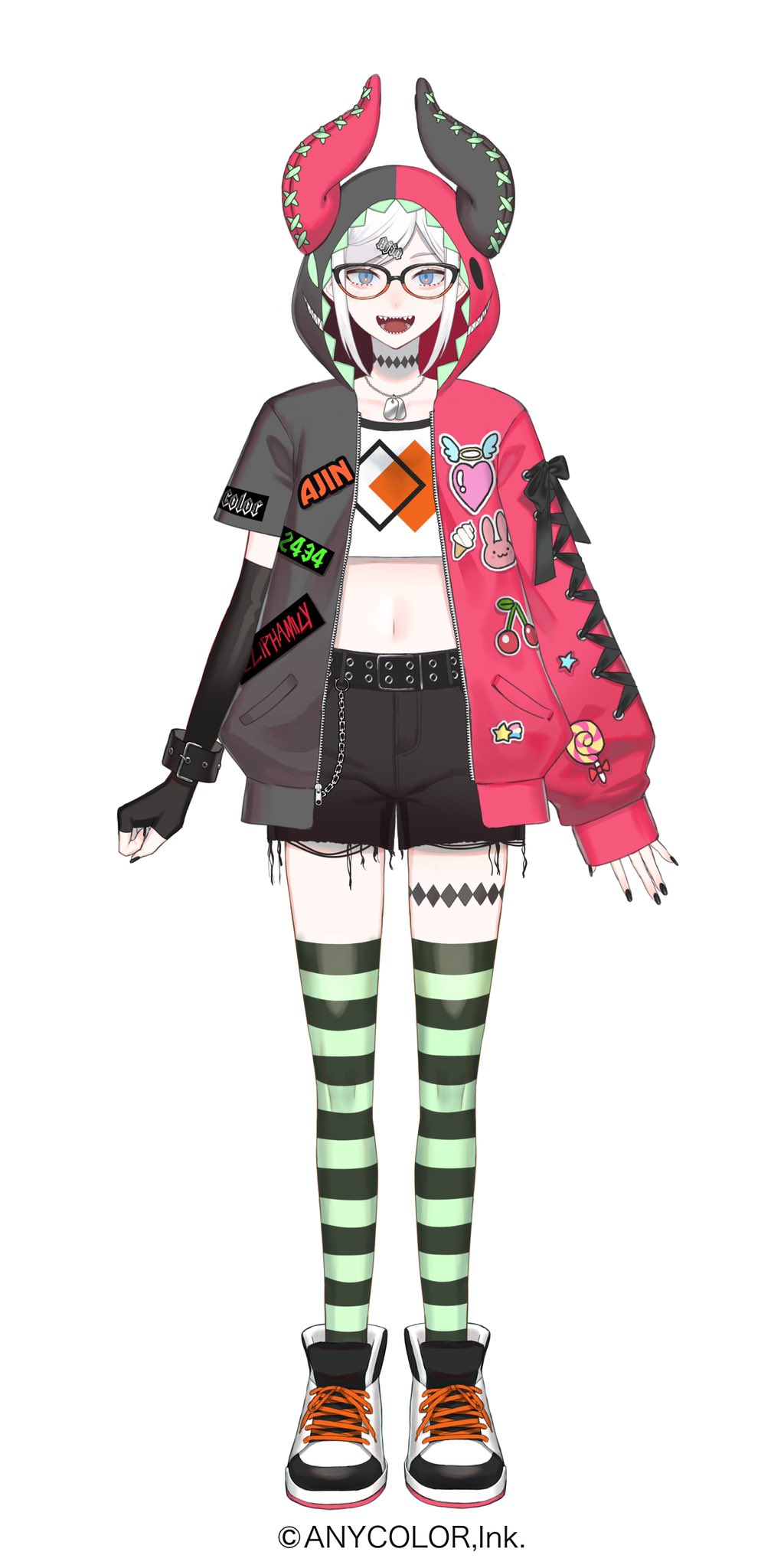 1girl black_choker black_jacket black_shorts blue_eyes choker copyright_notice crop_top fake_horns full_body glasses highres hood hoodie horns jacket jewelry kirudai levi_elipha levi_elipha_(4th_costume) long_sleeves midriff multicolored_clothes multicolored_jacket navel necklace nijisanji official_art open_mouth pink_jacket shirt shoes short_hair shorts simple_background smile sneakers solo striped_clothes striped_thighhighs tachi-e thigh_strap thighhighs virtual_youtuber white_background white_footwear white_hair white_shirt zettai_ryouiki