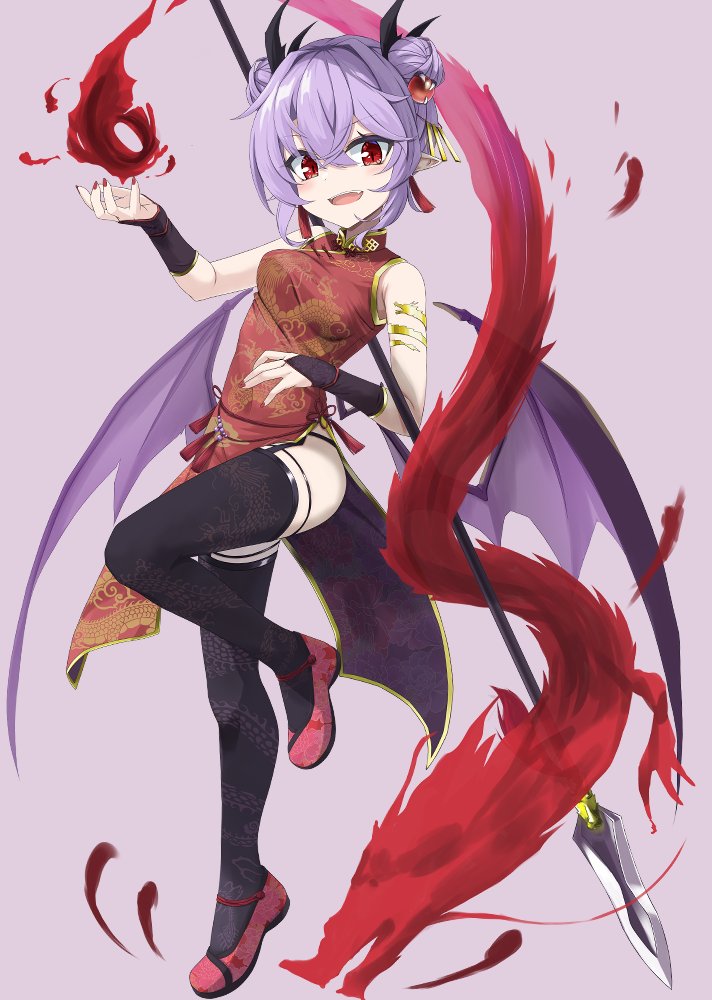 akisome_hatsuka alternate_costume bat_wings china_dress chinese_clothes dragon dress fang pelvic_curtain pointy_ears purple_hair red_eyes red_footwear remilia_scarlet short_hair smile spear_the_gungnir thighhighs touhou wings wrist_cuffs