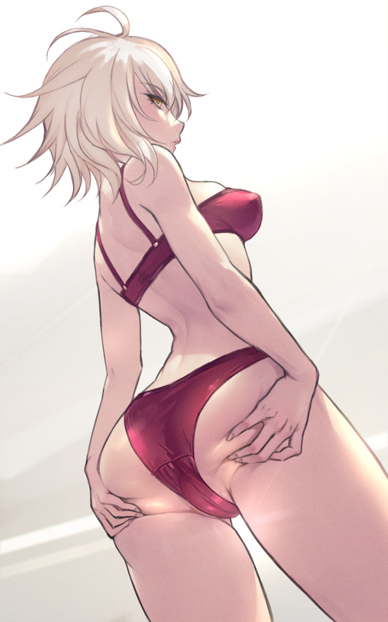 1girl ahoge ass back bare_shoulders bra breasts dynamitenatalia fate/grand_order fate_(series) grey_hair highres jeanne_d'arc_alter_(fate) large_breasts looking_at_viewer looking_back panties red_bra red_panties short_hair solo thighs underwear yellow_eyes