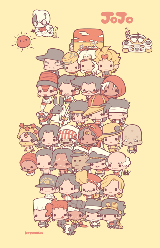 6+boys 6+girls alessi animal animal_print ankh anubis_(stand) bald balding bird black_hair black_headwear black_tank_top blonde_hair boingo bug character_request chibi chibi_only closed_eyes daniel_j._d'arby devo_(character) dog dreadlocks earrings enya_geil everyone expressionless facial_hair fangs flattop fly forever_(jojo) freckles full_body gray_fly_(jojo) hat hol_horse hood iggy_(jojo) imposter_captain_tennille j._geil jean_pierre_polnareff jewelry jojo_no_kimyou_na_bouken joseph_joestar kakyoin_noriaki kenny_g kotorai kujo_holy kujo_jotaro licking_lips liver_spots long_hair malena_(jojo) mannish_boy midler mohammed_avdol multiple_boys multiple_girls mustache n'doul nukesaku oingo old old_man old_woman open_mouth overalls pet_shop red-tinted_eyewear red_hair red_hood red_shirt rubber_soul runaway_girl_(jojo) scar scar_on_chest sharp_teeth shirt short_hair signature smile solid_oval_eyes star_(symbol) stardust_crusaders sword tank_top teeth terence_t._d'arby tiger_print tinted_eyewear tongue tongue_out vanilla_ice veil weapon white_hair white_overalls wilson_philips yellow_background yellow_headwear