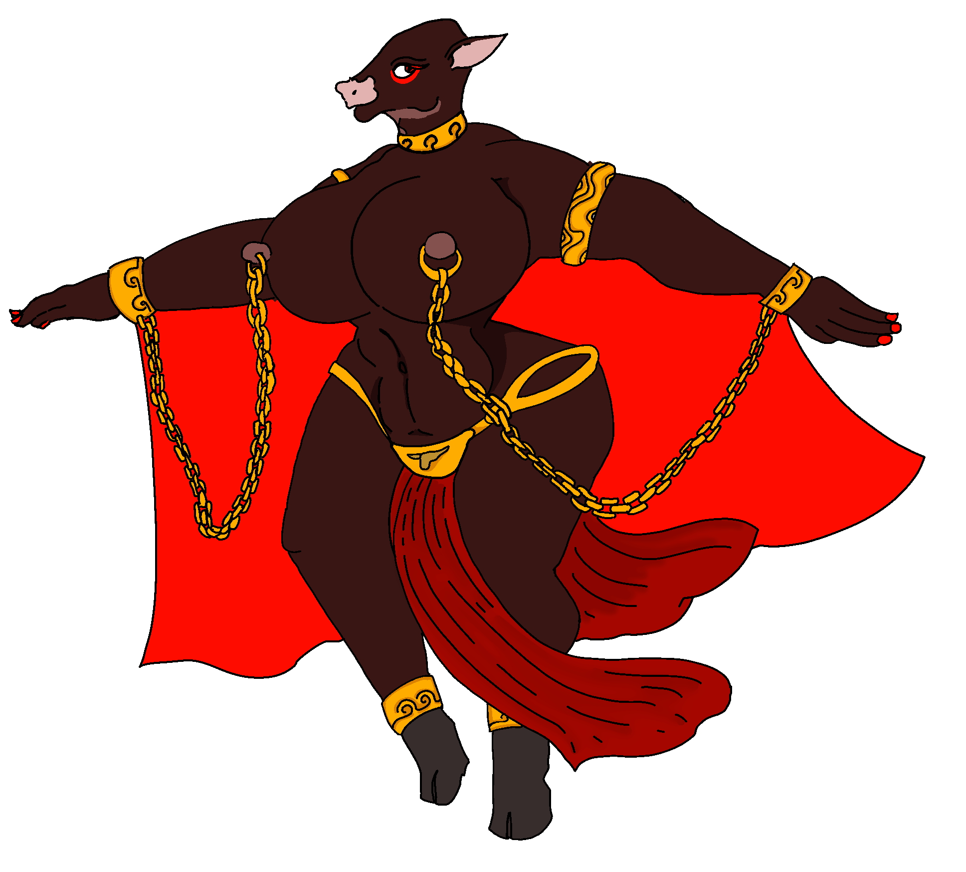 animal_humanoid anthro big_breasts bottomwear bovid bovid_humanoid bovine bovine_humanoid bracelet breasts chain clothing collar cuffs_(clothing) curvy_anthro curvy_female curvy_figure dancing eyeliner female harem_girl harem_outfit hi_res horn humanoid jewelry loincloth ludaca makeup mammal mammal_humanoid nipple_piercing nipple_ring nipples piercing ring_piercing slave solo wide_hips