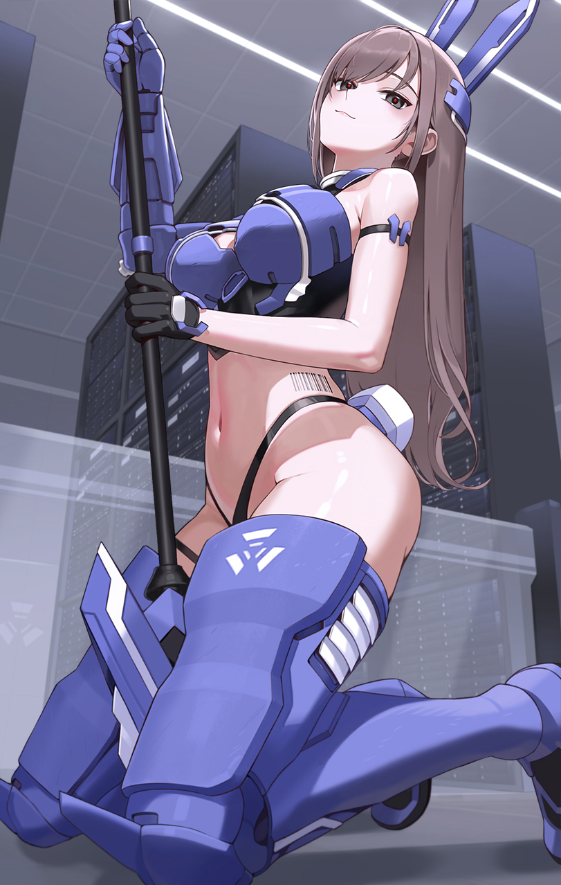 1girl animal_ears armor armored_boots bare_shoulders black_panties blue_armor blush boots breasts brown_hair gauntlets grey_eyes highleg highleg_panties highres kfr kneeling large_breasts long_hair looking_at_viewer navel original panties polearm rabbit_ears rabbit_tail single_gauntlet smile solo spear tail thigh_boots thighhighs thighs underwear weapon