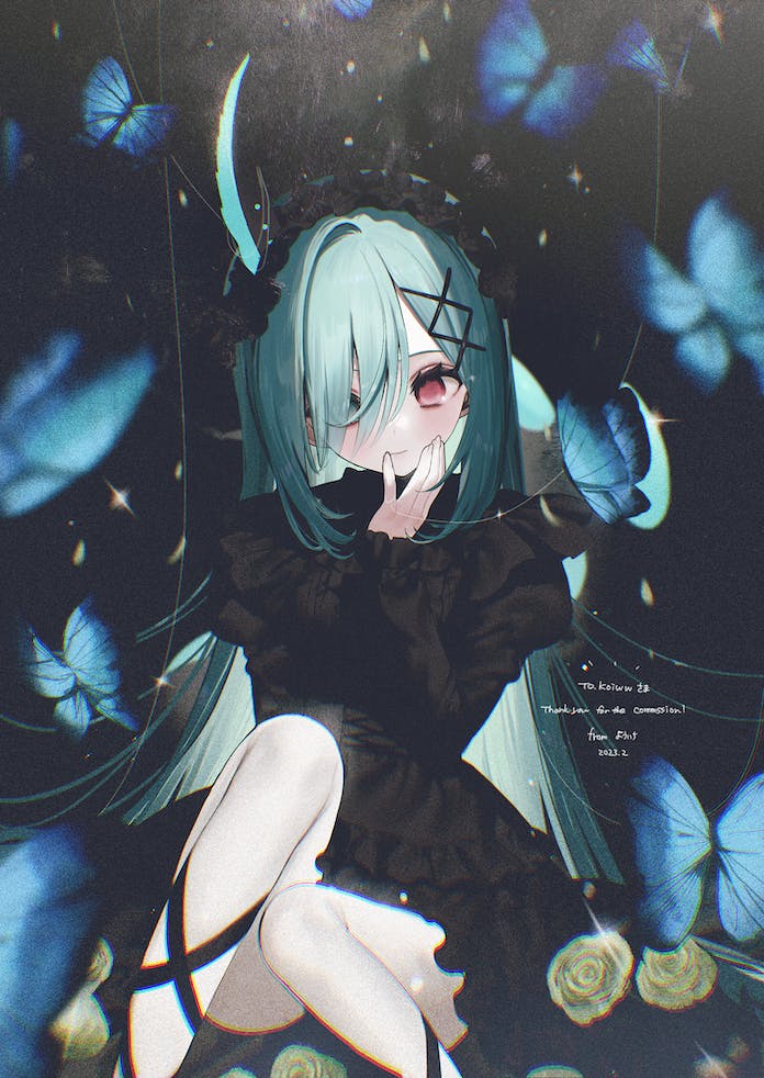1girl black_dress black_hairband blue_butterfly bug butterfly chromatic_aberration closed_mouth commentary_request commission dark_background dress feet_out_of_frame flower frilled_dress frilled_hairband frilled_sleeves frills gothic_lolita green_eyes green_hair hair_between_eyes hair_ornament hair_over_one_eye hairband hand_on_own_cheek hand_on_own_face hand_to_own_mouth heterochromia jpeg_artifacts knee_up light_blush light_smile lolita_fashion long_bangs long_hair long_sleeves looking_at_viewer no_pupils original red_eyes rose sitting skeb_commission solo sparkle thank_you x_hair_ornament yellow_flower yellow_rose youichi_(45_01)