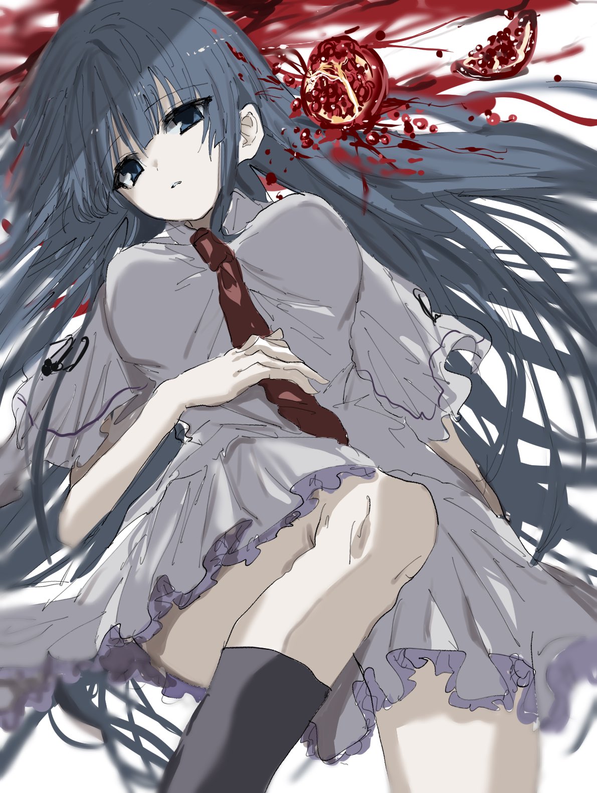 1girl between_breasts black_hair blood blue_eyes blunt_bangs breasts capelet feet_out_of_frame food frilled_skirt frills fruit hair_spread_out head_tilt highres knee_up large_breasts long_hair looking_at_viewer lying name_connection necktie necktie_between_breasts object_namesake on_back pomegranate red_necktie school_uniform shirt sidelocks simple_background skirt solo subarashiki_hibi takashima_zakuro tsurime unkogakatasugi very_long_hair white_background white_capelet white_shirt white_skirt