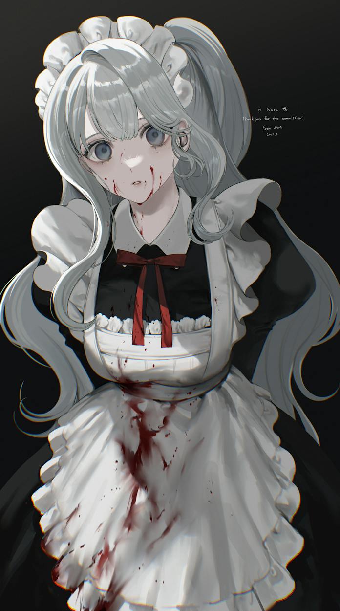 1girl apron black_dress blood blood_on_clothes blood_on_face breasts chromatic_aberration collared_dress commentary commission constricted_pupils cowboy_shot dark_background dress english_commentary frilled_apron frills grey_eyes grey_hair highres jpeg_artifacts leaning_forward long_hair long_sleeves looking_at_viewer maid maid_apron maid_headdress neck_ribbon original parted_lips red_ribbon ribbon skeb_commission solo standing thank_you white_apron yandere youichi_(45_01)