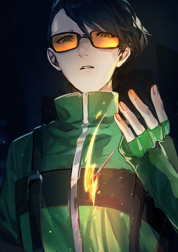 1boy blue_eyes blue_hair film_grain fingerless_gloves fire gloves green_gloves green_jacket hand_up jacket long_sleeves looking_at_viewer male_focus matches orange-tinted_eyewear parted_lips persona persona_3 shirato_jin short_hair solo sunglasses sunorsa tinted_eyewear upper_body