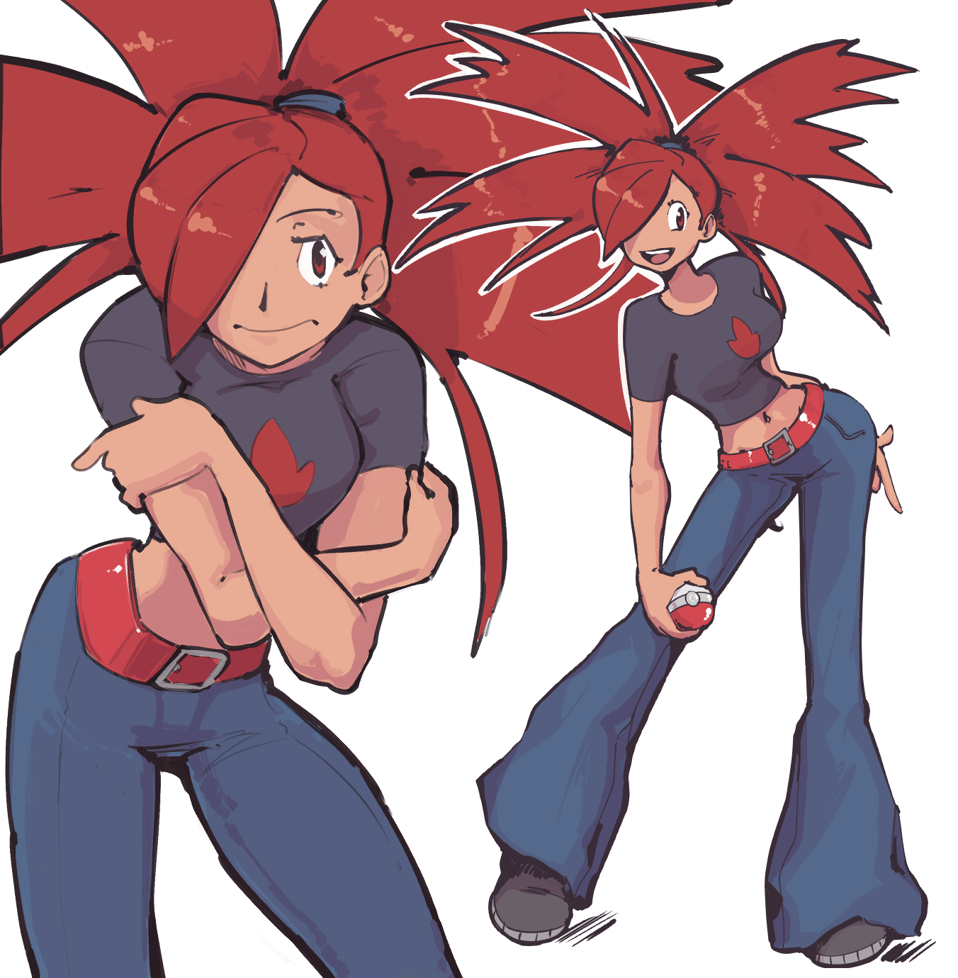 1girl belt black_footwear black_shirt blue_pants flannery_(pokemon) hair_over_one_eye highres holding holding_poke_ball long_hair midriff multiple_views navel pants plow_(witch_parfait) poke_ball poke_ball_(basic) pokemon pokemon_rse red_belt red_eyes red_hair shirt shoes solo teeth upper_teeth_only white_background