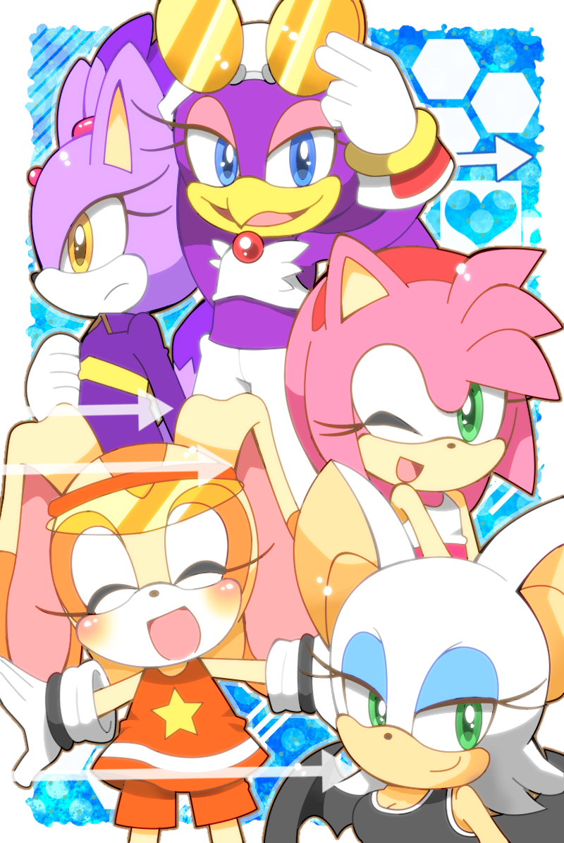 5girls amy_rose animal_ears bat_ears bat_girl bat_wings blaze_the_cat blue_eyes cat_ears cat_girl closed_eyes cream_the_rabbit eyewear_on_head furry furry_female green_eyes kusunoki_cherry looking_at_viewer multiple_girls one_eye_closed open_mouth pants pink_fur purple_fur rabbit_ears rabbit_girl rouge_the_bat smile sonic_(series) sonic_riders sportswear visor_cap wave_the_swallow white_fur white_pants wings yellow_eyes