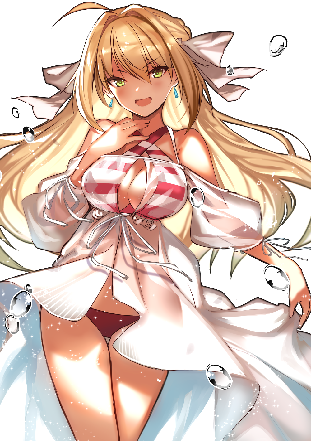 :d ahoge bangs bikini blonde_hair blush bow braid cowboy_shot criss-cross_halter dress eyebrows_visible_through_hair fate/grand_order fate_(series) french_braid gown green_eyes hair_between_eyes hair_bow hair_down hair_intakes hair_ribbon halterneck hand_up highres karlwolf long_hair looking_at_viewer nero_claudius_(fate)_(all) nero_claudius_(swimsuit_caster)_(fate) open_mouth red_bikini ribbon see-through sidelocks simple_background smile solo striped striped_bikini swimsuit tsurime v-shaped_eyebrows water_drop white_background white_bow white_dress