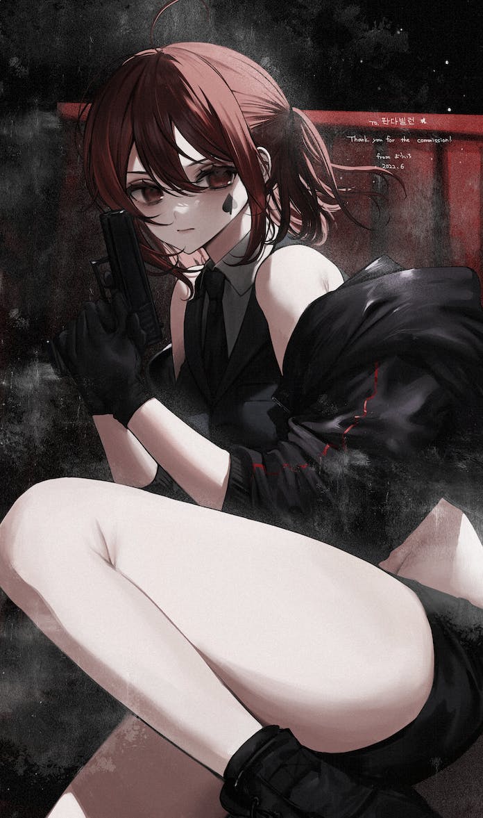 1girl bare_shoulders black_gloves black_jacket black_necktie black_shorts black_vest closed_mouth collared_shirt commentary commission cover cover_page dark_background doujin_cover english_commentary facial_mark gloves groin gun hair_between_eyes handgun hands_up holding holding_gun holding_weapon jacket jpeg_artifacts knee_up light_particles long_sleeves looking_to_the_side medium_hair necktie no_pupils off_shoulder original red_eyes red_hair serious shirt shorts skeb_commission sleeveless sleeveless_shirt solo thank_you thighs trigger_discipline vest weapon white_shirt wind youichi_(45_01)