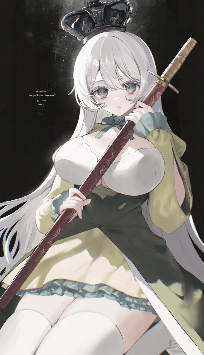 1girl arm_cutout black_headwear breasts cleavage_cutout clothing_cutout commentary_request commission crown dark_background dress expressionless frilled_dress frilled_sleeves frills green_dress green_ribbon grey_eyes hair_between_eyes hair_intakes highres holding holding_sword holding_weapon jpeg_artifacts katana large_breasts light_particles long_hair long_sleeves looking_at_viewer neck_ribbon no_pupils original parted_lips princess ribbon scabbard sheath sheathed skeb_commission solo sword thank_you thighhighs very_long_hair weapon white_hair white_thighhighs youichi_(45_01)