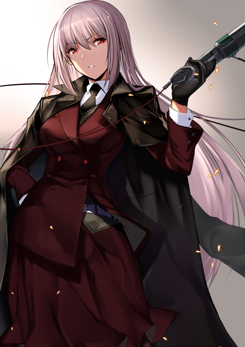alternate_costume alternate_hairstyle black_gloves black_neckwear breasts cape coat double-breasted embers fate/grand_order fate_(series) florence_nightingale_(fate/grand_order) formal gloves gun hand_on_hip handgun highres jacket_on_shoulders karlwolf large_breasts long_hair long_skirt necktie pistol red_eyes shirt silver_hair simple_background skirt skirt_suit solo suit very_long_hair vest weapon white_shirt