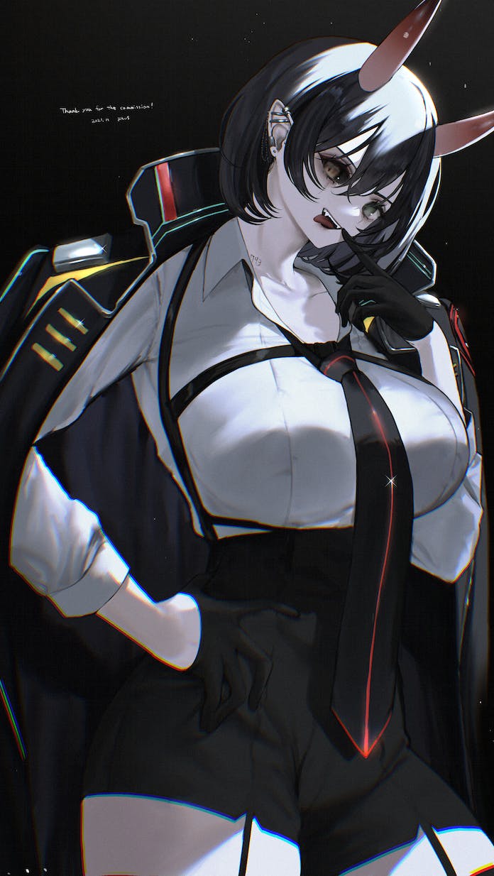 1girl black_background black_coat black_gloves black_hair black_necktie black_sclera black_shorts breasts brown_horns chromatic_aberration coat collarbone collared_shirt colored_sclera commentary commission contrapposto cowboy_shot demon_girl ear_piercing earrings english_commentary finger_to_mouth framed_breasts garter_straps gloves green_eyes hair_between_eyes half_gloves hand_on_own_hip heterochromia high-waist_shorts highres horns jewelry jpeg_artifacts large_breasts light_particles looking_at_viewer necktie open_clothes open_coat open_collar original piercing science_fiction shirt short_hair shorts skeb_commission smile solo standing teeth thank_you tongue tongue_out upper_teeth_only white_shirt yellow_eyes youichi_(45_01)