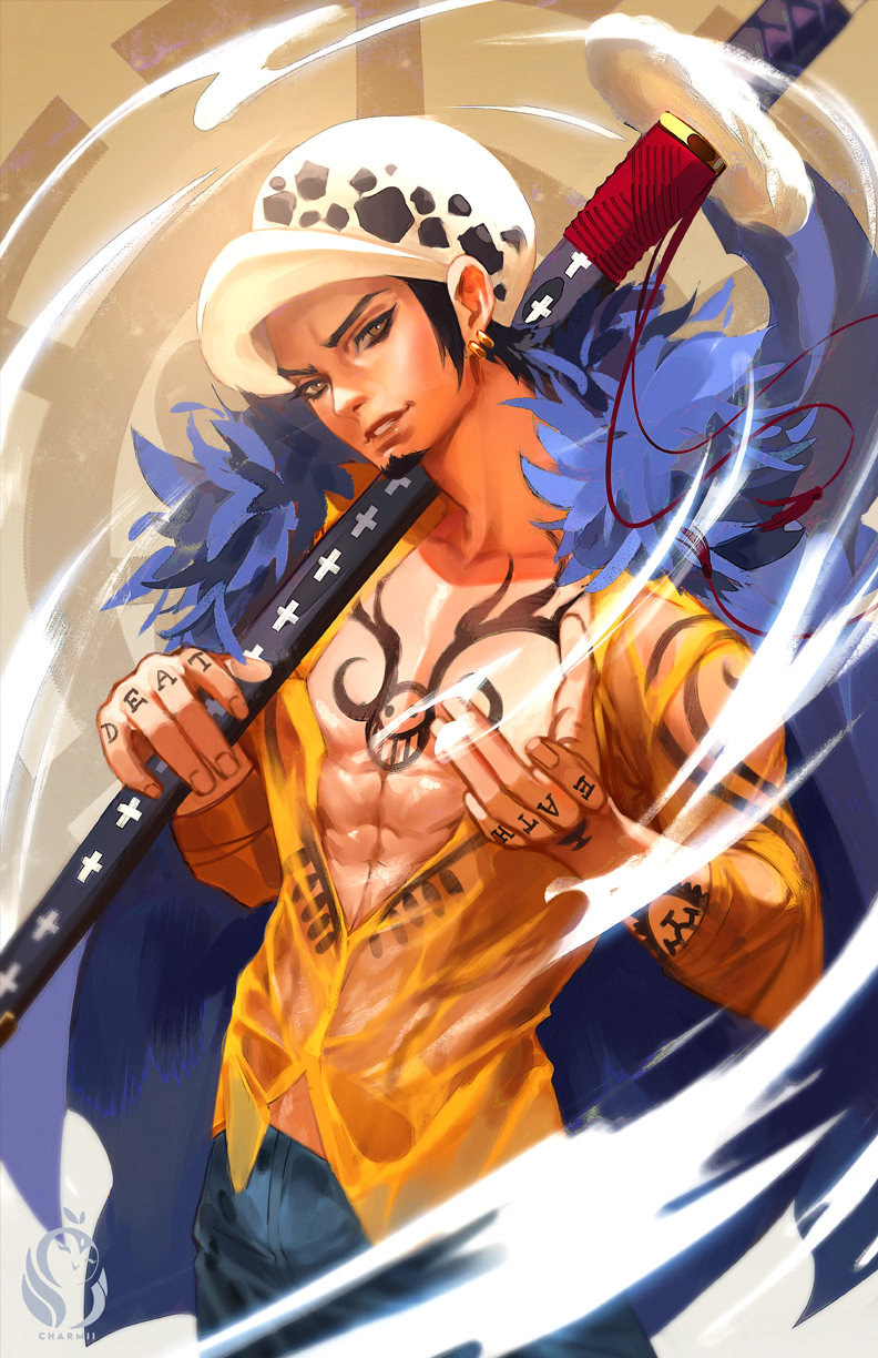 1boy arm_tattoo black_hair blue_coat blue_pants charmiisan chest_tattoo coat collar commentary denim facial_hair fur_collar goatee hand_tattoo hat highres holding holding_sword holding_weapon jeans male_focus one_piece pants shirt sideburns sidelocks smile smoke solo sword tattoo trafalgar_law upper_body weapon yellow_eyes yellow_shirt