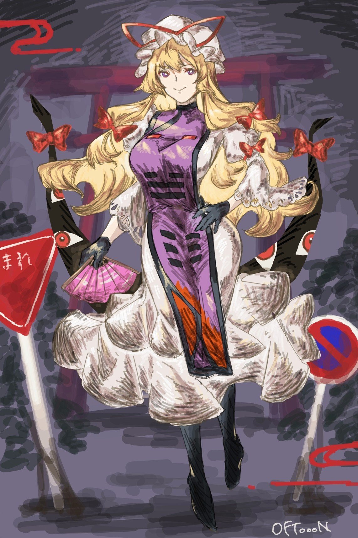 1girl aojirozame1228 apron artist_name black_gloves blonde_hair bow breasts bright_pupils closed_mouth dark_background dress extra_eyes frilled_hat frills full_body gap_(touhou) gloves hand_on_own_hip hat highres large_breasts long_hair looking_at_viewer mob_cap night night_sky no_entry_sign outdoors purple_apron purple_eyes red_bow road_sign sign signature sky smile solo standing torii touhou white_dress white_headwear white_pupils yakumo_yukari