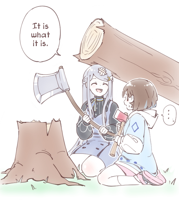 ... 2girls axe bandaid bandaid_on_head character_request closed_eyes copyright_request grass grey_hair holding holding_axe hood hood_down kneeling long_hair medium_hair multiple_girls on_grass open_mouth original shorts tama_gotoh tree tree_stump white_background yoruny